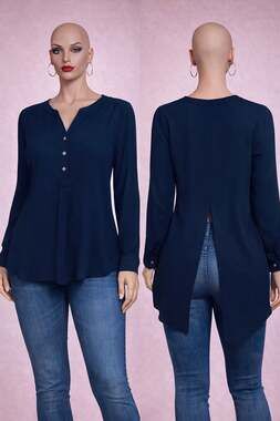 Ashley Stewart Navy Split Back Blouse Size 12 Button Front Long Sleeve